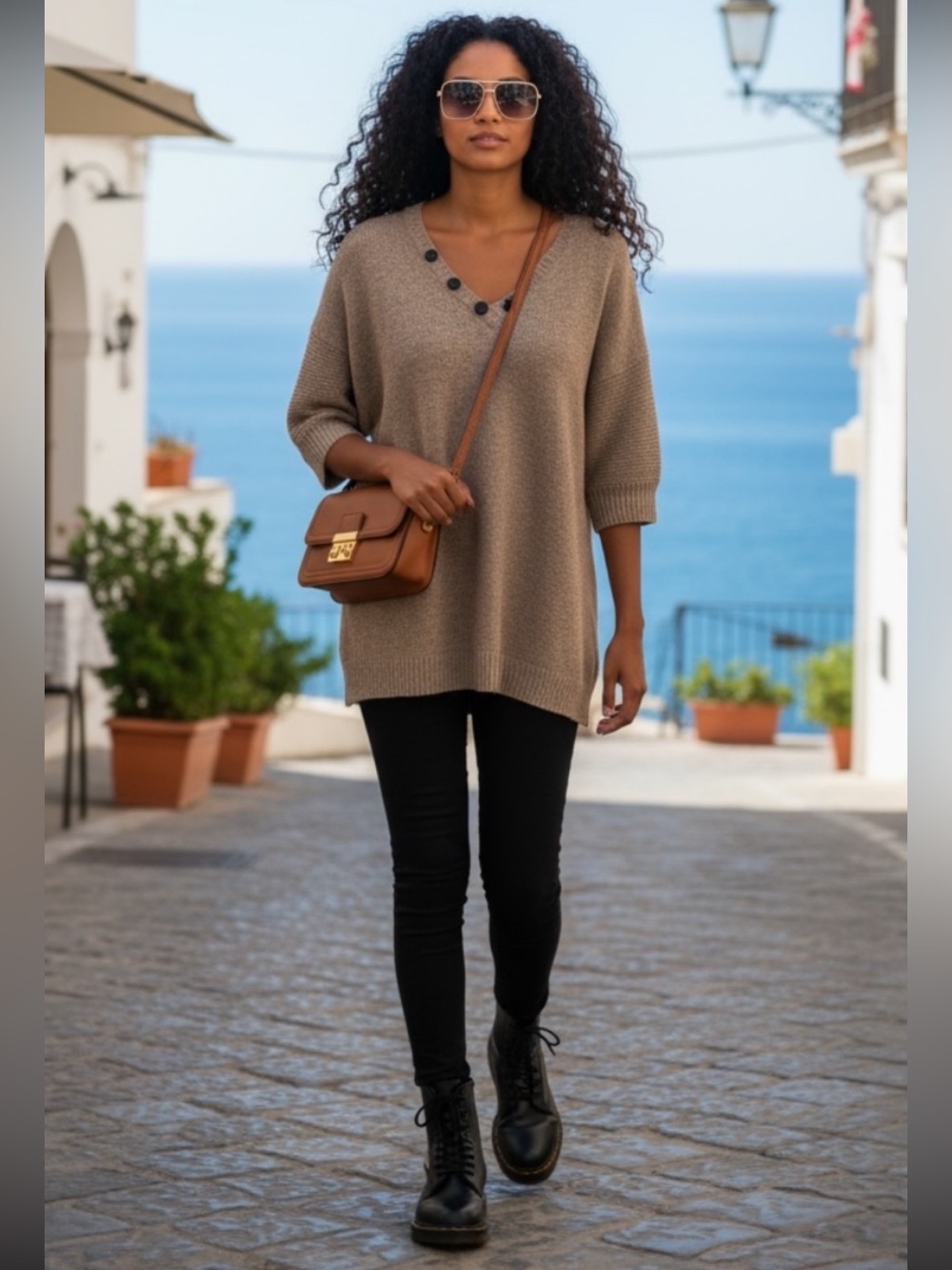 BCBGENERATION WOOL BLEND TAN V-NECK HIGH LOW BLACK FULL ZIP BACK SWEATER